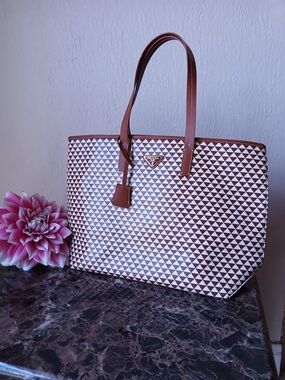 Prada Brown & White Geometric Tote with Leather Handles